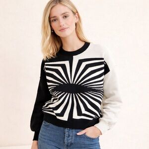 Another Girl Organic Cotton Optical Graphic Knit Sweater Black White Size L